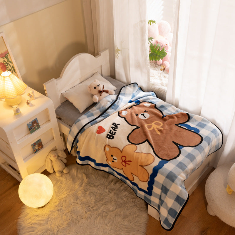 checkered bear kids blanket on child bed