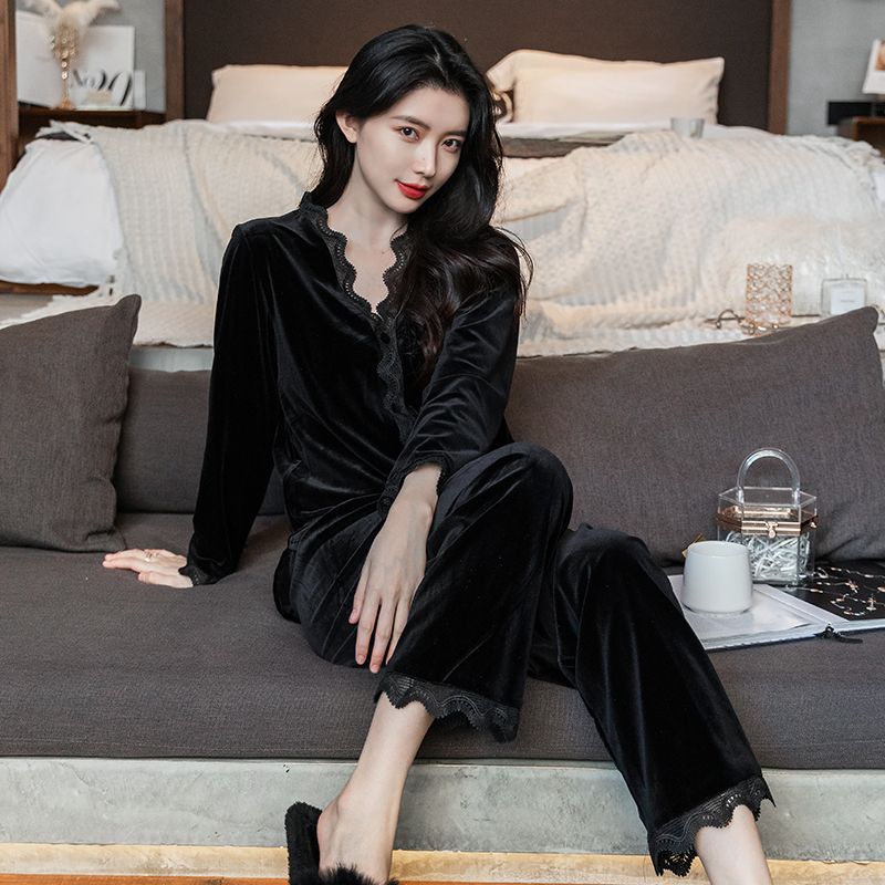 black lace-trim velvet button-front pajama set worn