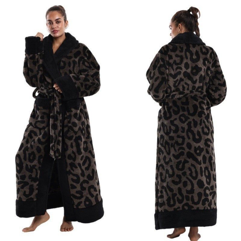 Brown leopard print lapel lounge robe, front and back