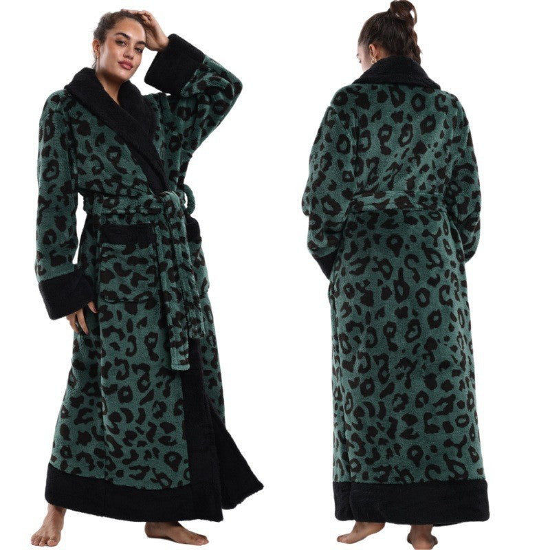 Green leopard print lapel lounge robe, front and back