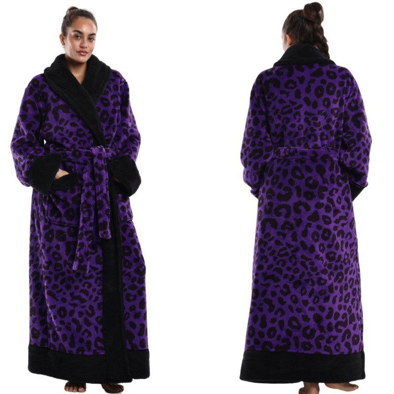 Purple leopard print lapel lounge robe, front and back