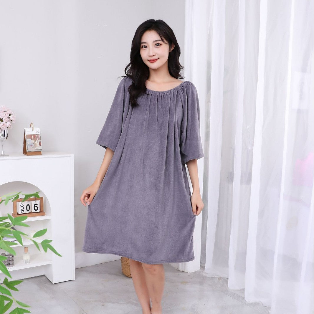 grey wearable coral fleece bath dress worn front