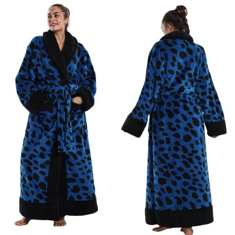 Blue dot leopard print lapel lounge robe, front and back