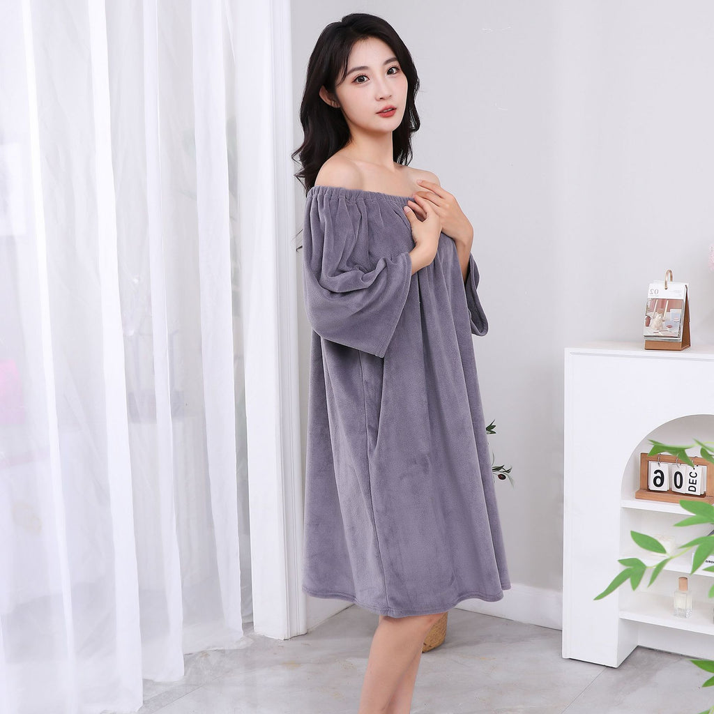 grey wearable coral fleece bath dress side view