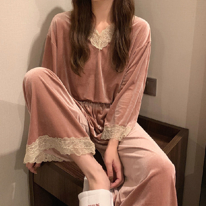 lotus pink lace-trim velvet pajama set worn