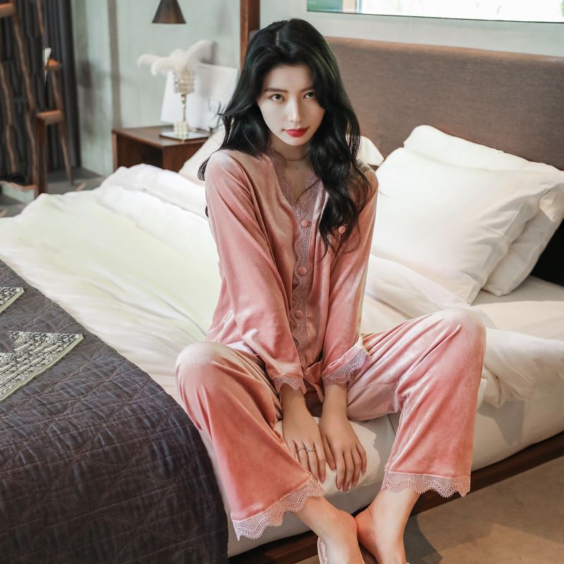 pink lace-trim velvet button-front pajama set worn