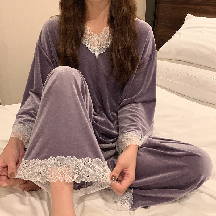 purple lace-trim velvet pajama set worn