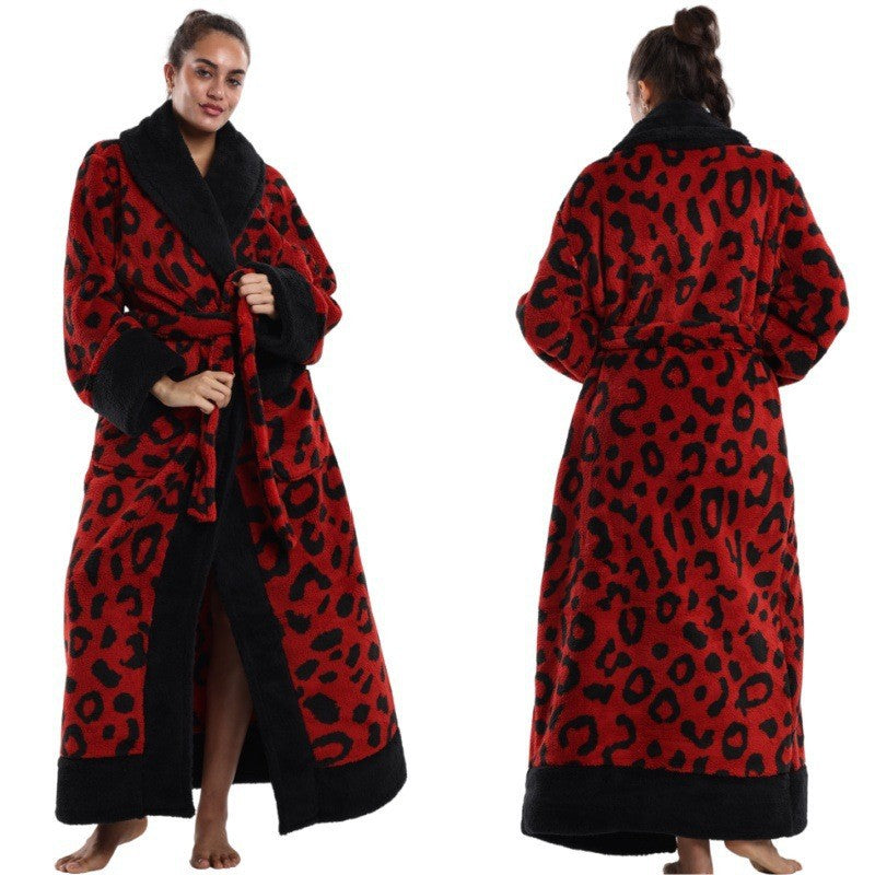 Red leopard print lapel lounge robe, front and back