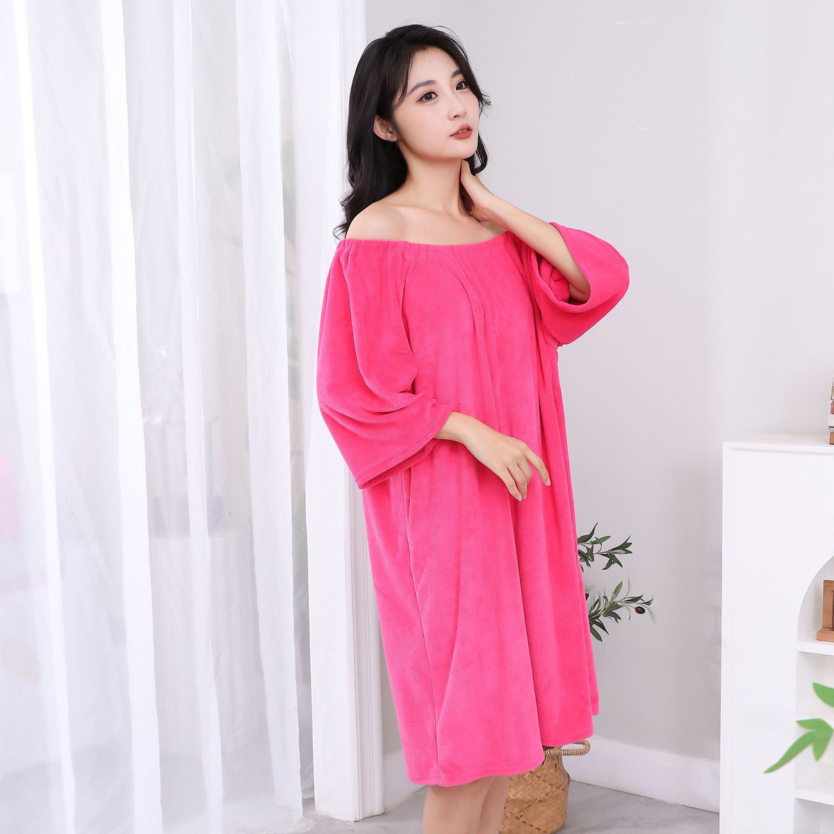 rose wearable coral fleece bath dress worn
