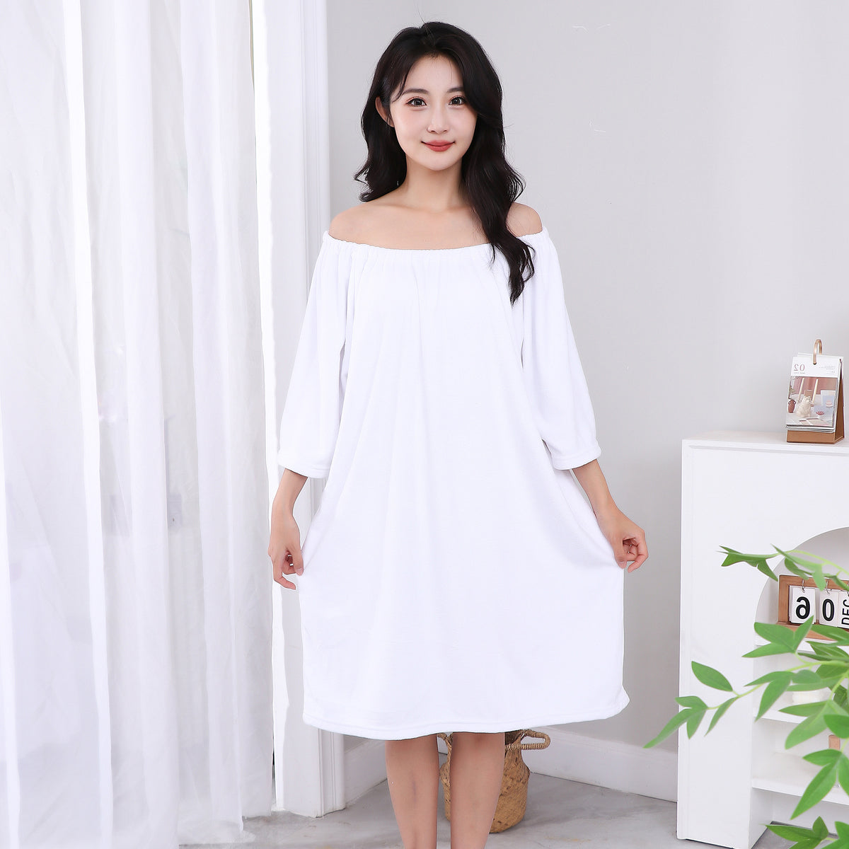 white wearable coral fleece bath dress worn